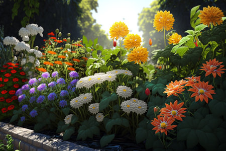 Beautiful garden full of nice and colorful flowers. Generative ai illustrationの素材