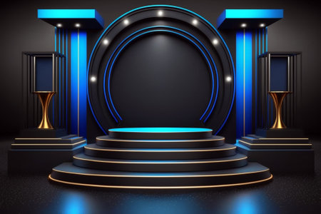 Modern black and blue empty stage podium scene for award, celebration, or product displayの素材