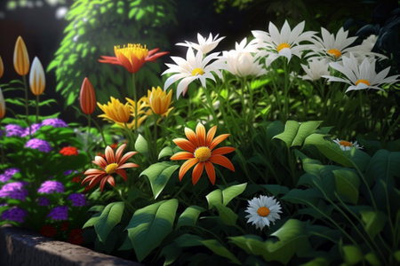 Beautiful garden full of nice and colorful flowers. Generative ai illustrationの素材