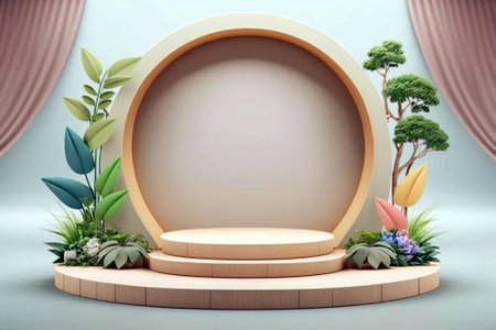Beautiful empty podium mock-up for product display with pastel color and leaves decorationの素材