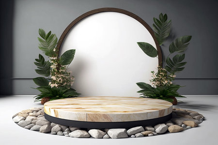 Wooden empty blank flat podium stage mockup with plants. Generative ai illustrationの素材