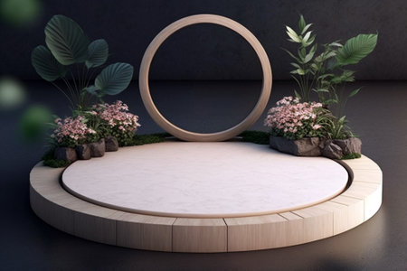 Wooden flat circle empty blank podium stage mockup with plants. Generative ai illustrationの素材