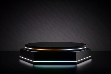 Simple and minimalist empty black podium stand with neon glow on dark background. Generative ai illustrationの素材