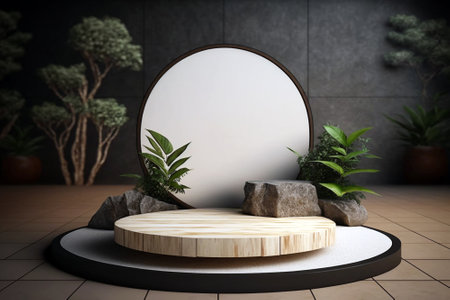 Wooden flat circle empty blank podium stage mockup with plants. Generative ai illustrationの素材