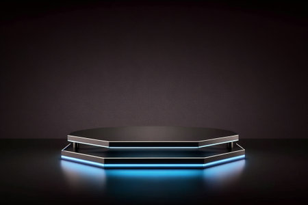 Simple and minimalist empty black podium mock-up stand with neon glow on dark background. Generative ai illustrationの素材