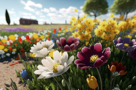 Beautiful spring field full of nice flowers while sunny day with beautiful blue skyの素材