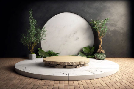 Wooden empty blank flat podium stage mockup with plants. Generative ai illustrationの素材
