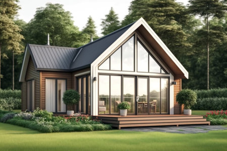 Contemporary minimalist small house with wooden material. Generative ai illustrationの素材