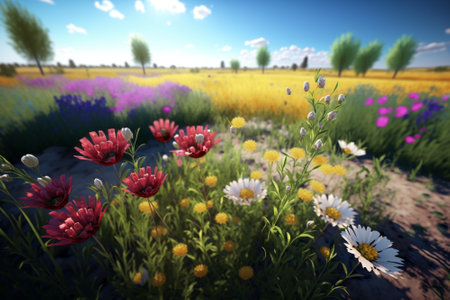 Spring field full of nice flowers while sunny day with beautiful blue sky on the backgroundの素材