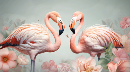 Two flamingos in love on a background of flowers and plants. Generative ai illustrationの素材
