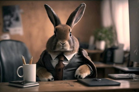 Bunny businessman in suit and tie at the office. Generative AI illustrationの素材