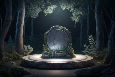 Flat stone podium mock-up in the magical forest with tropical leaves, generative ai illustrationの素材