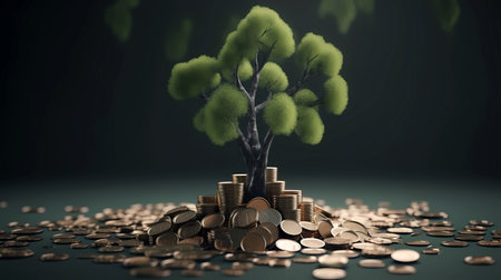 Investment concept, coins with tree growing on it, generative ai illustrationの素材