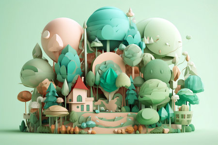 Illustration of a fantasy forest with houses and trees, generative aiの素材