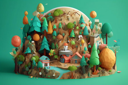 Illustration of a fantasy forest with houses, trees and lake, generative aiの素材