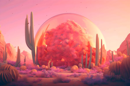Fantasy landscape in a strange planet and a cactus on pastel color, generative ai illustrationの素材
