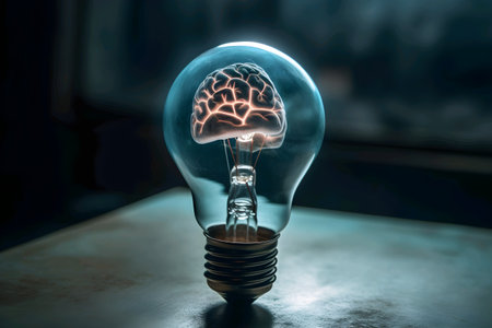 Human brain inside of light bulb on dark background. Generative ai illustrationの素材