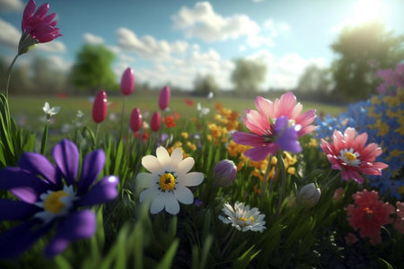Spring field full of nice flowers on sunny day with blue sky on the background. Generative ai illustrationの素材