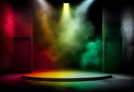 Empty stage with colorful spotlights and smoke. generative ai illustrationの素材
