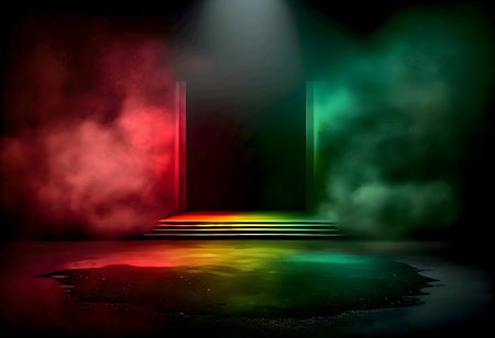 Empty stage room with colorful spotlights and smoke. generative ai illustrationの素材
