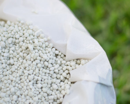 Chemical fertilizer for garden plants and lawns. Garden maintenance concept.の写真素材