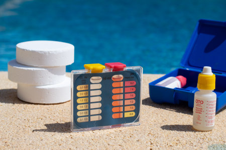 Complete kit for pH and chlorine levels analysis of pool water. Swim hygiene concept.の写真素材