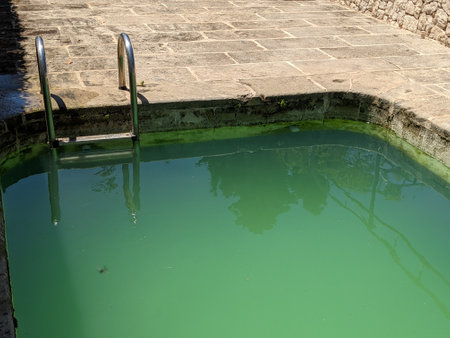 Swimming pool with green water due to lack of chlorine or algae proliferation.の写真素材