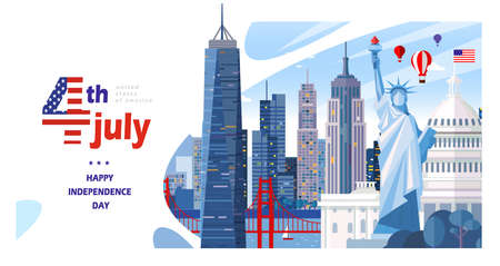 4th of July, Happy Independence Day of the United States of America; Vector poster, banner and greeting card with American holiday, city view of sightのイラスト素材