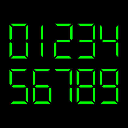 vector set of digital green numbers on black background - symbol of time, clock, count, display and electronicsのイラスト素材