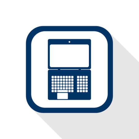 square blue icon laptop with long shadow - symbol of communication, technology, computer, electronic, business, notebook, networking and office workのイラスト素材