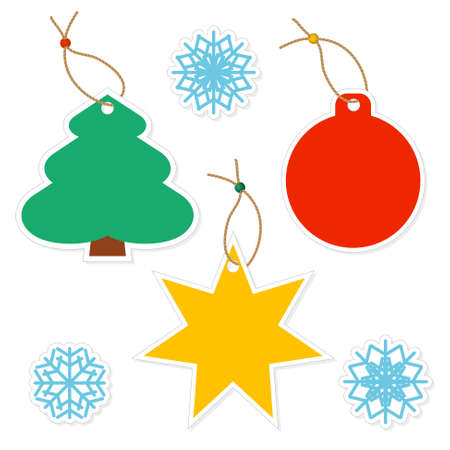 set of christmas simple paper tags with string - tree, star, bulb and trhree snowflake stickers wth shadowのイラスト素材