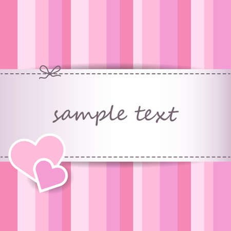 sweet striped pink valentine day greeting card background with two paper hearts and ribbon with shadow - scrapbooking papers - sewn strip in the middleのイラスト素材