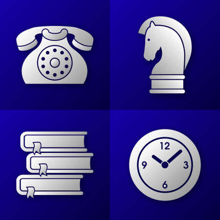 set of business icons on blue background - old telephone, strategy horse, pile of 3 books and time clockのイラスト素材