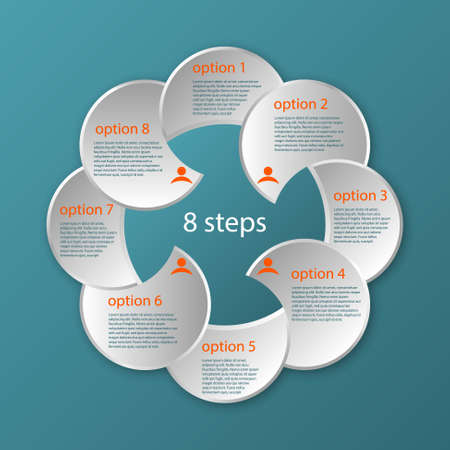 vector circular timeline infographic template 8 steps - white flower shape on blue background with personal iconsのイラスト素材