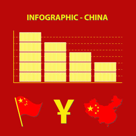 infographic with graph of decrease business of china, chinese trade with icons of flag, yuan and map  in flat designのイラスト素材