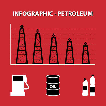 red white black infographic of decline production of petroleum with rig columns and icon of fuel, oil and plasticのイラスト素材