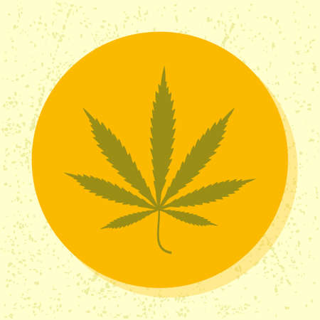vector round icon green cannabis leaf symbol of natural treatment, therapy, medicine in flat design on grunge paper backgroundのイラスト素材