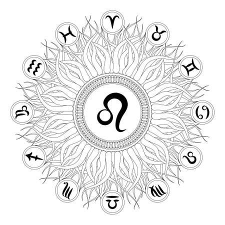 black and white round geometric mandala with zodiac symbol of leo - adult coloring bookのイラスト素材