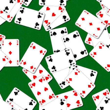 seamless pattern texture background with playing cards irregularly scattered on the green tableの写真素材