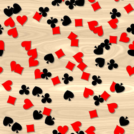 red and black card symbols irregularly scattered on the wooden table - seamless pattern backgroundの写真素材