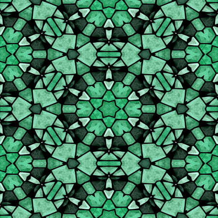 mosaic kaleidoscope seamless pattern texture background - emerald green colored with black groutの写真素材