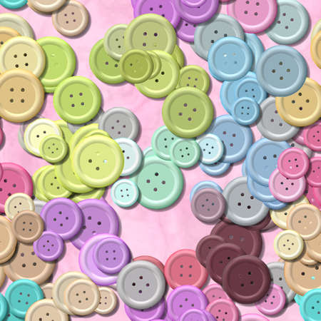a lot of pastel multi colored vintage clothing plastic buttons randomly scattered on the sweet pink background - top viewの写真素材