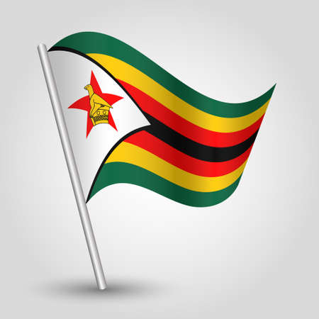 vector waving simple triangle zimbabwean flag on slanted silver pole - icon of republic of zimbabwe with metal stickのイラスト素材