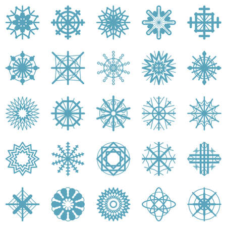vector set of twenty five symbols of blue snowflakes - simply winter icons in flat design - isolated on white backgroundのイラスト素材