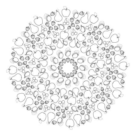 vector black and white round summer fruity mandala - adult coloring book pageのイラスト素材