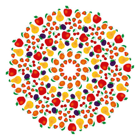 vector colored round summer fruity mandala - adult coloring book pageのイラスト素材