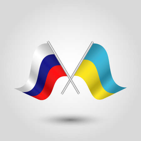 vector waving simple triangle two crossed ukrainian and russian flags on slanted silver pole - icon of ukraine and russiaのイラスト素材