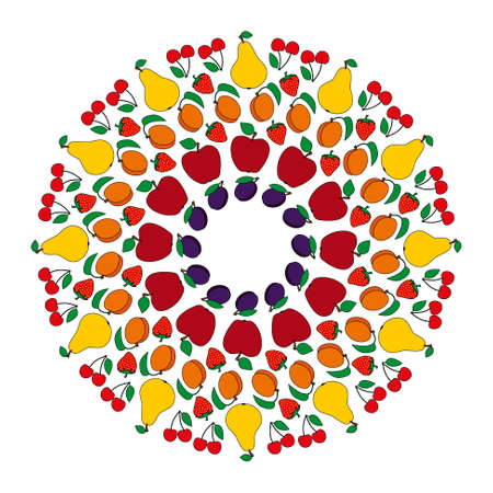 Black and white circular fruity mandala pattern.のイラスト素材