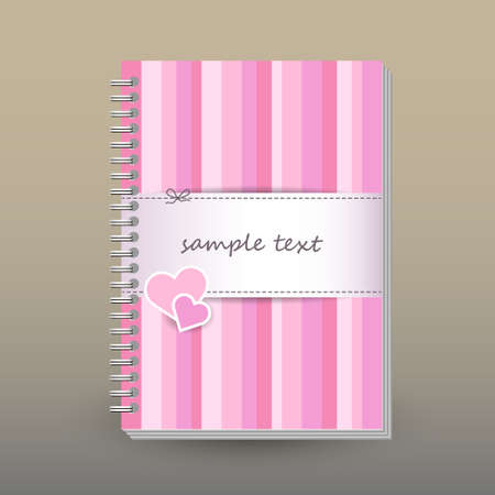 Vector cover of diary or notebook with ring spiral binder layout brochure concept. Cute pink colored strips with couple of hearts - scrapbooking patternのイラスト素材