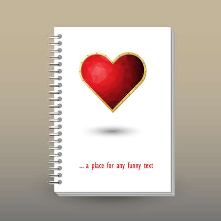Vector cover of diary or notebook with ring spiral binder layout brochure concept. Red colored jewelry heart with polygonal triangle pattern and metallic gold edgeのイラスト素材